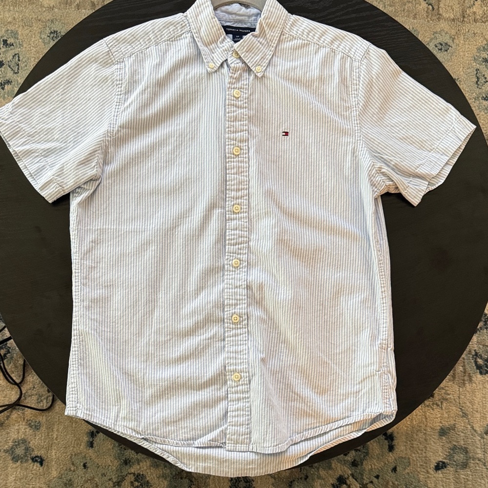 Tommy Hilfiger Men's White and Blue Striped Shirt